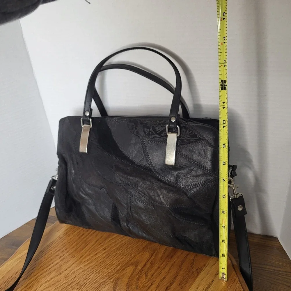 VTG Black Leather Patchwork Purse Shoulder Bag Handbag Hippie‎ Boho